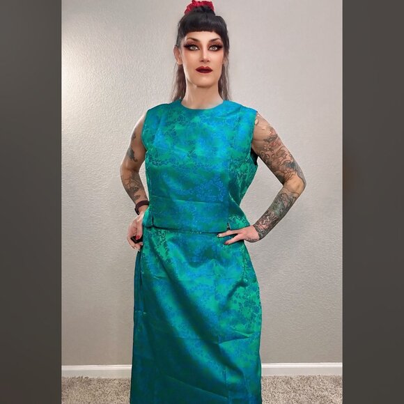 60s Satin Blue Green 3 pc Walking Suit Floral Mod MCM Top Jacket Pencil Skirt M - Picture 7 of 11